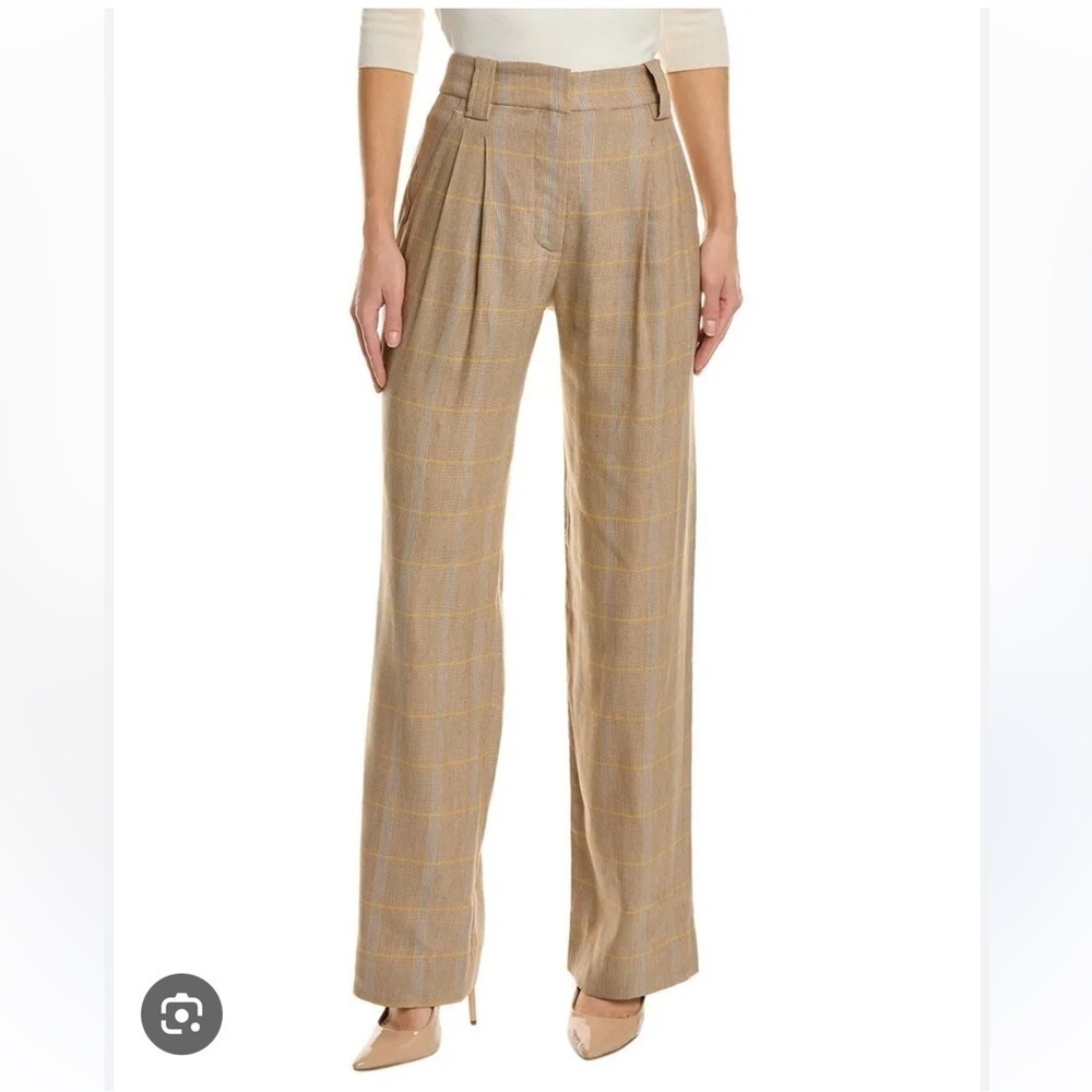 NWT A.L.C. Linen Blend Straight-Leg Pants in Tawny Plaid